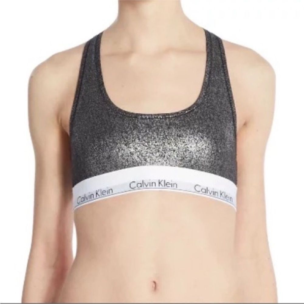 🖤✨ Calvin Klein Black and Silver Metallic Modern Racerback Sports Bra Sz Sm